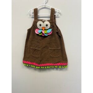MudPie Girls 4T Brown Corduroy Owl Jumper Dress Pom Pom Trim 100% Cotton